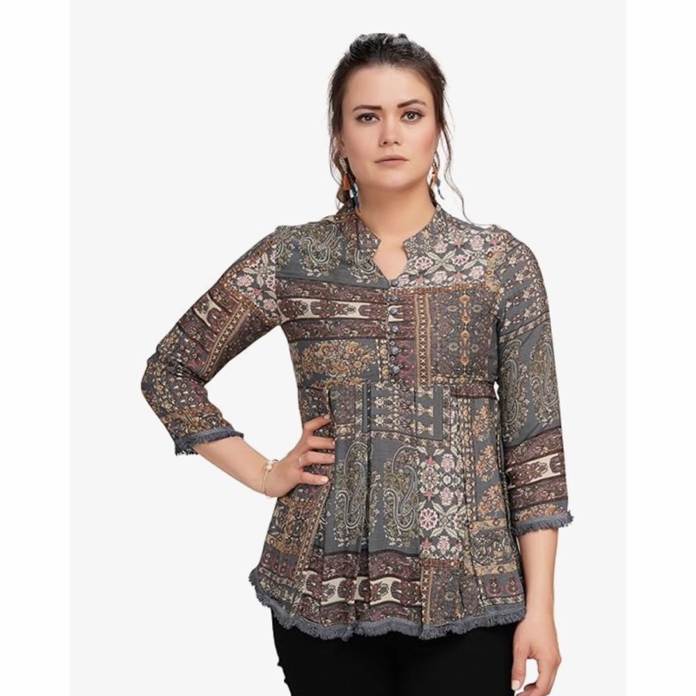 NWT boho top olive green paisley ethnic print M L OS fringe lightweight new
